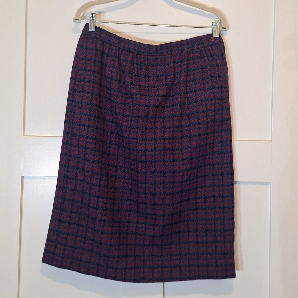 Pendleton Vintage Plaid Virgin Wool Midi Skirt Pleated Rear Stretch Purple Sz 12